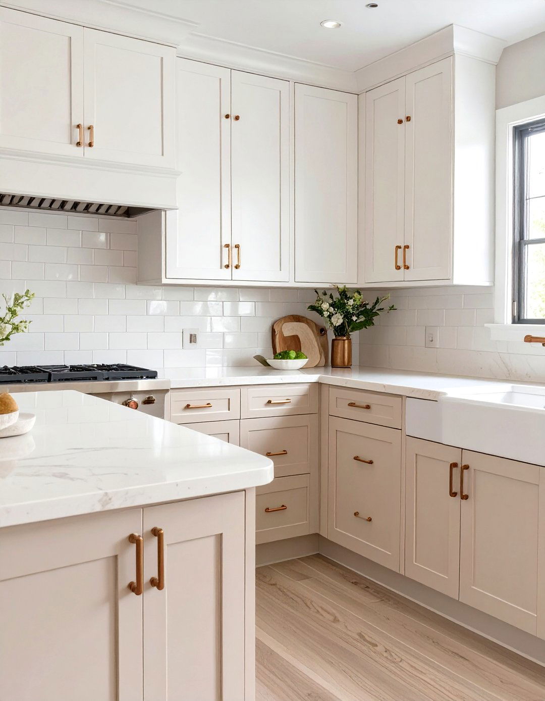 Beige Lower Cabinets with White Uppers - 30 two tone painted kitchen cabinet ideas