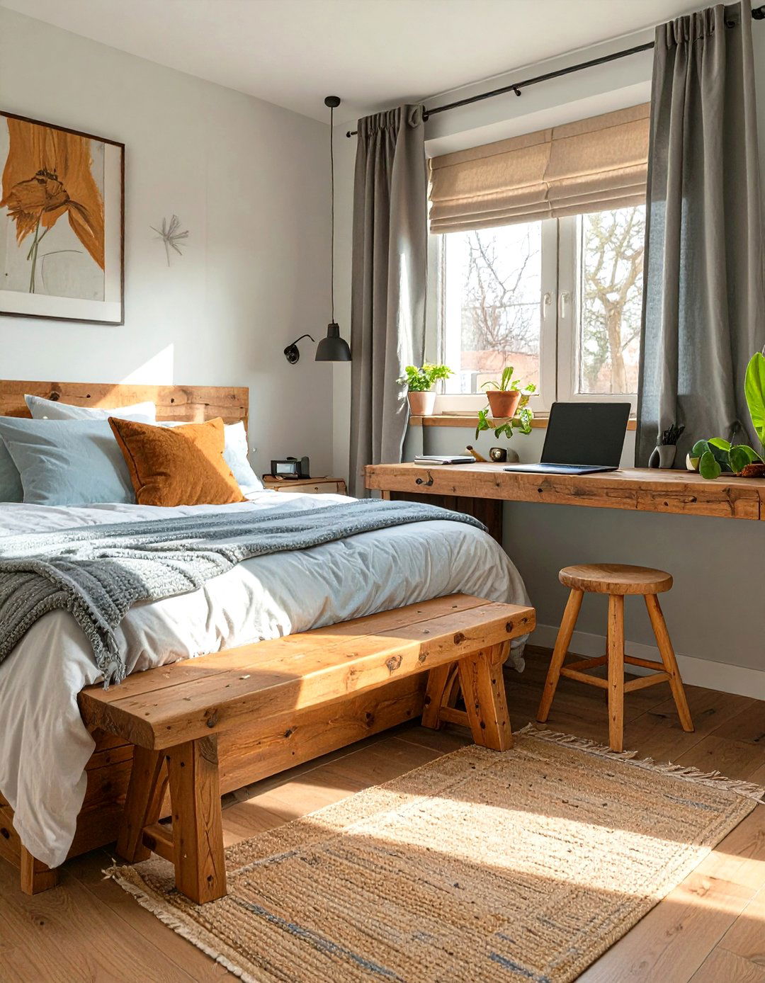 Bench at the Foot of the Bed as a Desk - 30 small bedroom office combo ideas