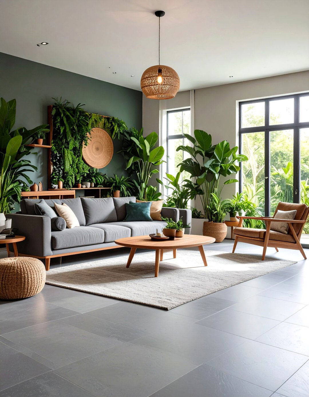 Biophilic Design Living Room with Stone Look Grey Vinyl - 30 grey flooring living room ideas