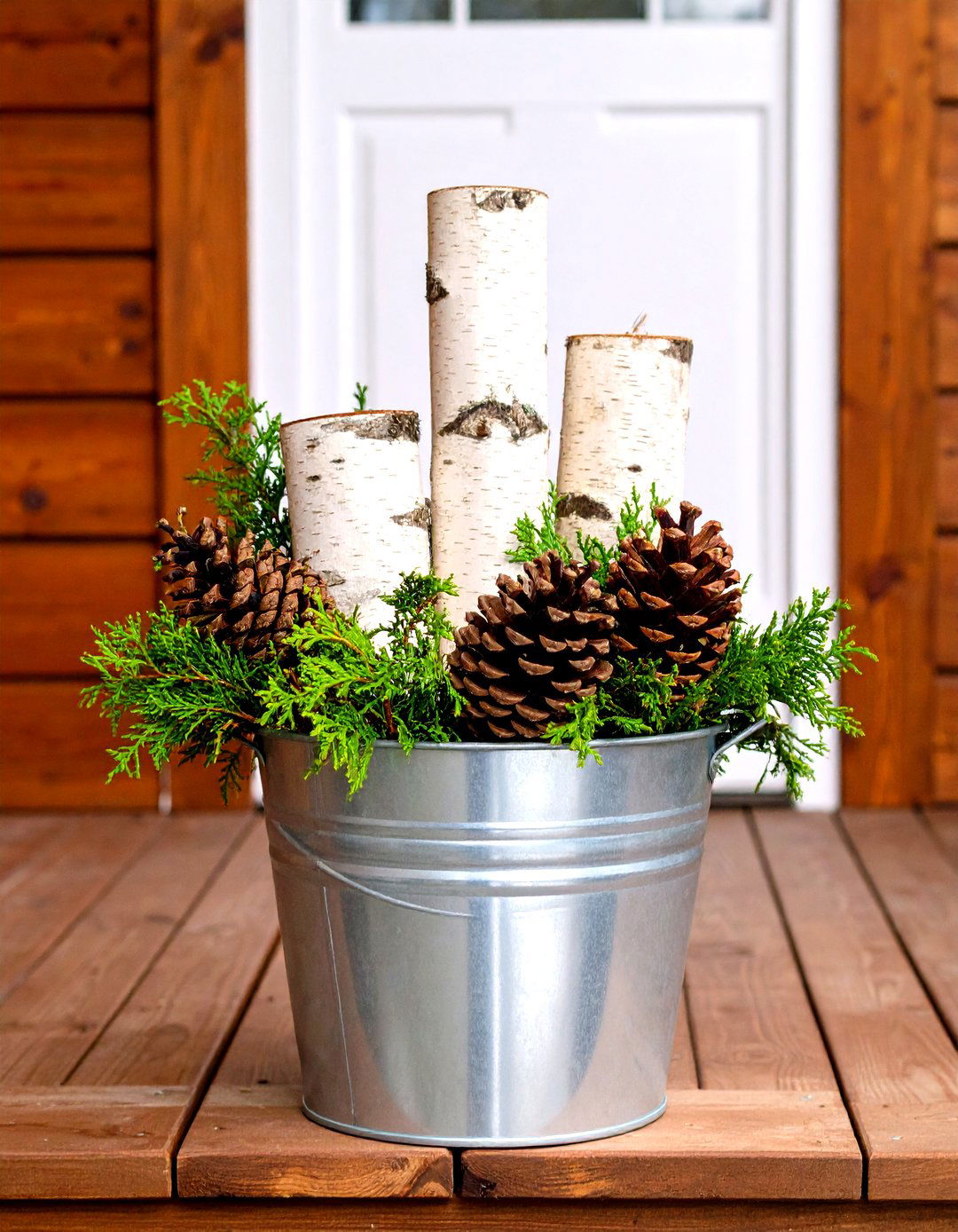 Birch Log and Pinecone Winter Planter - 30 outdoor winter planter ideas