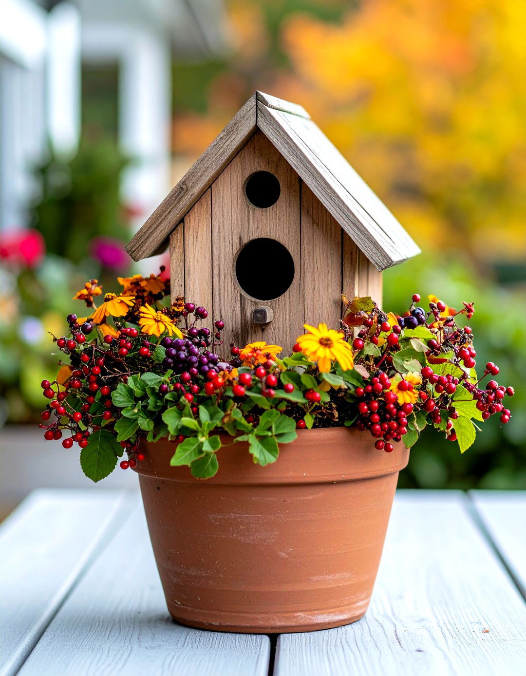 Birdhouse and Berry Fall Planter - 30 front porch fall planter ideas