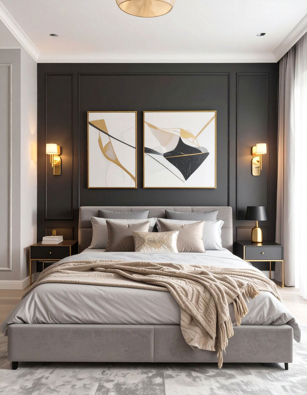Black Accent Wall with Gold Decor - 30 black and gold bedroom ideas