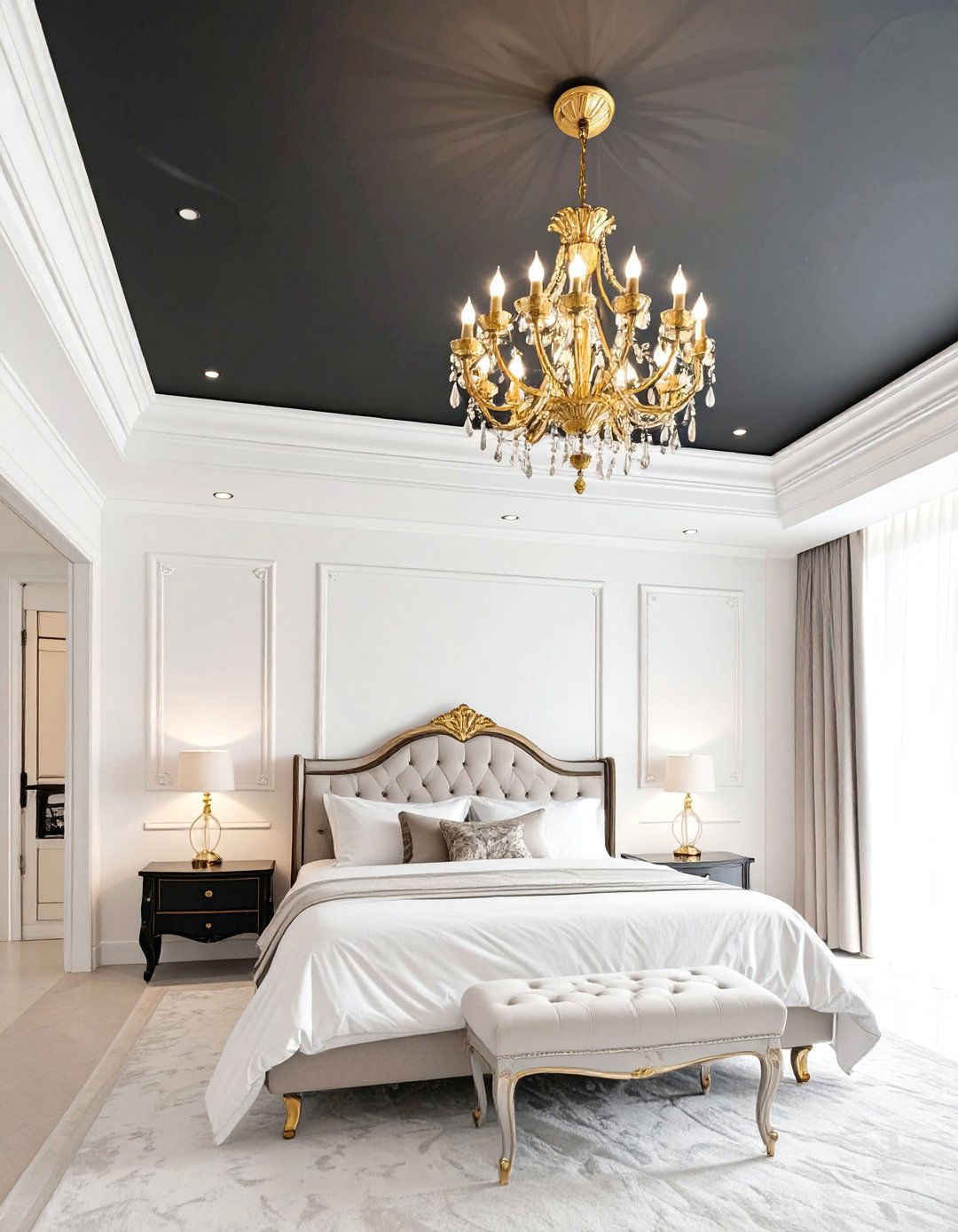 Black Ceiling and Gold Chandelier - 30 black and gold bedroom ideas