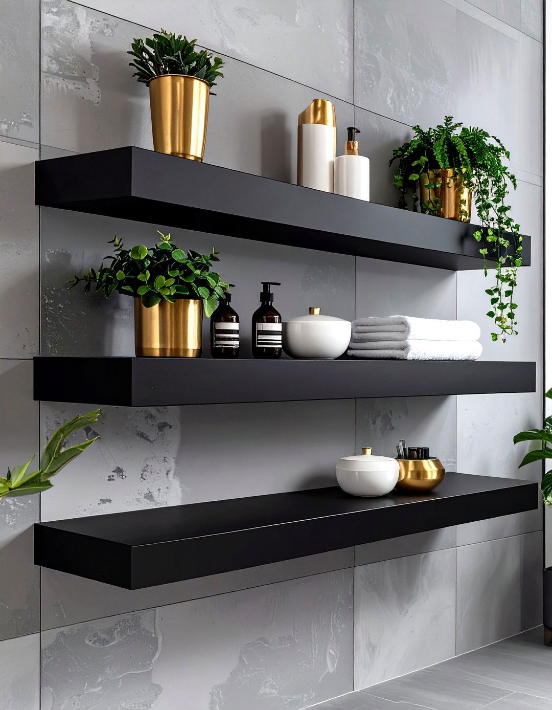 Black Floating Shelves for a Dramatic Look - 30 floating shelves bathroom ideas