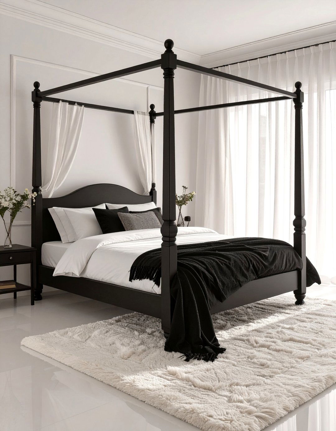 Black Four Poster Bed in a White Bedroom - 30 black and white interior design ideas