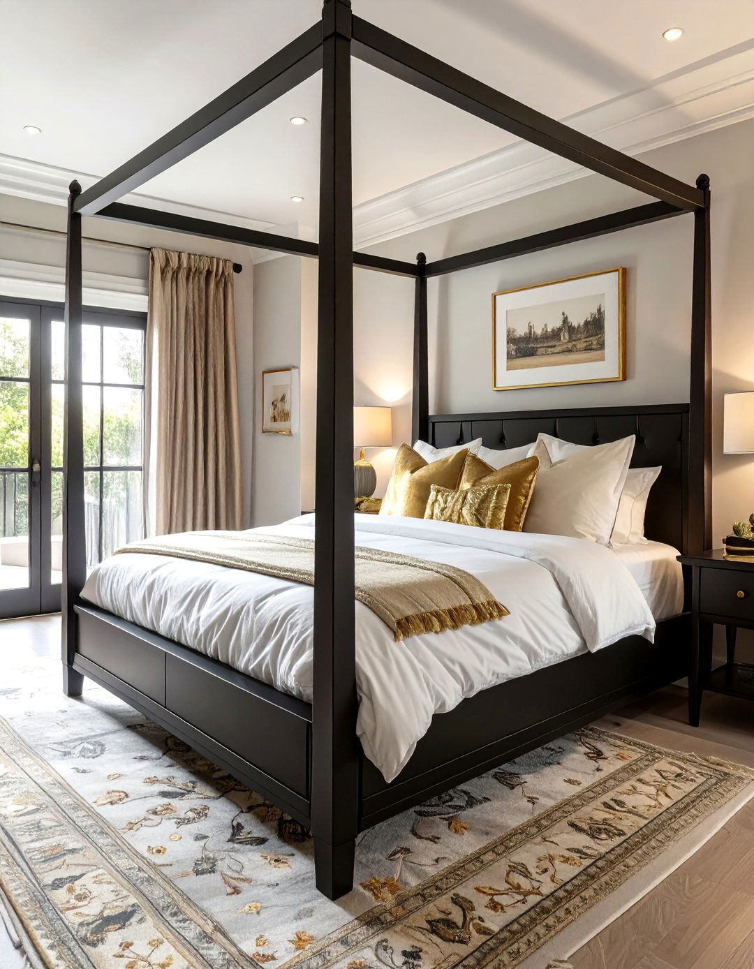 Black Four Poster Bed with Gold Accents - 30 black and gold bedroom ideas
