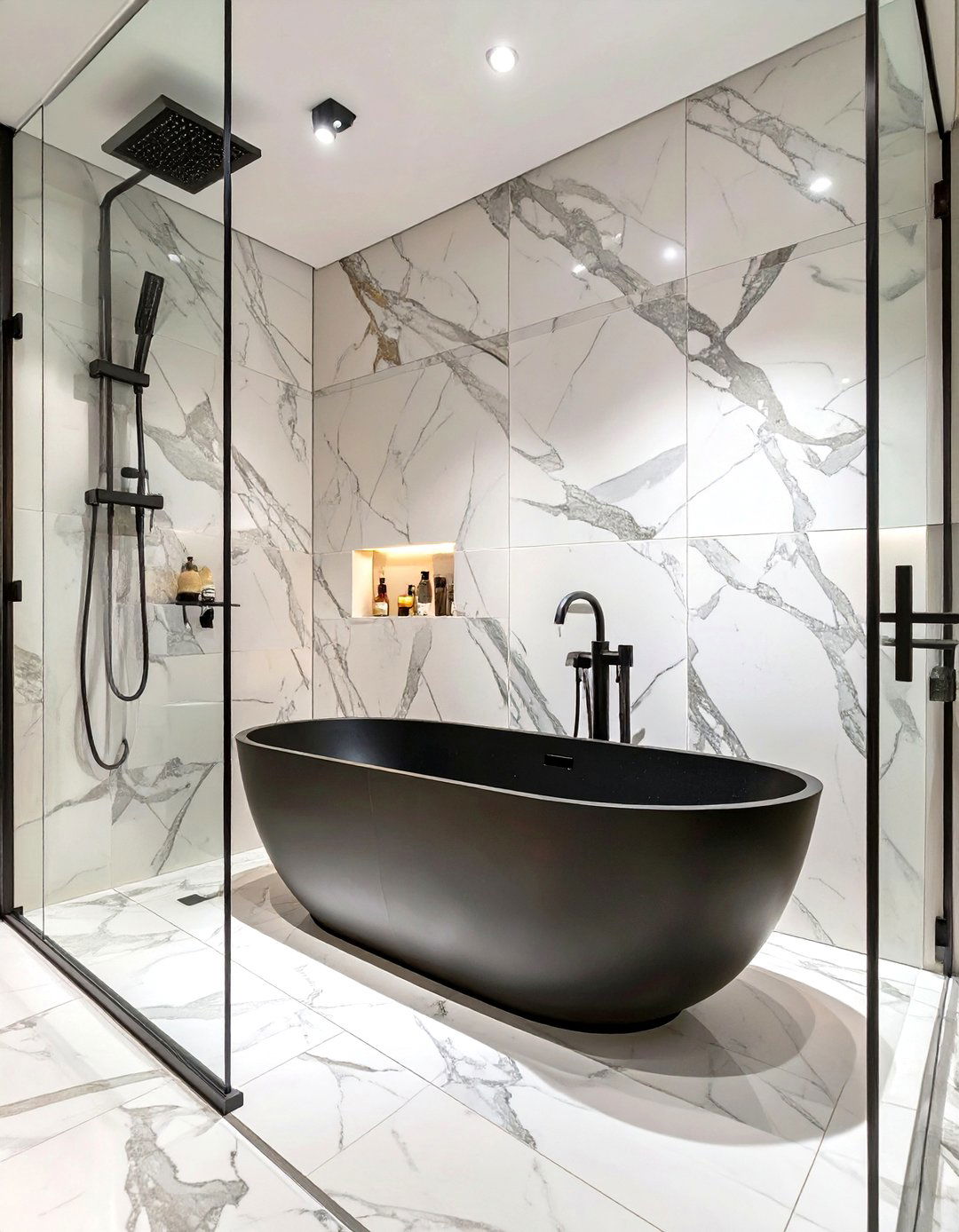 Black Freestanding Tub in a Marble Shower - 30 tub in shower design ideas