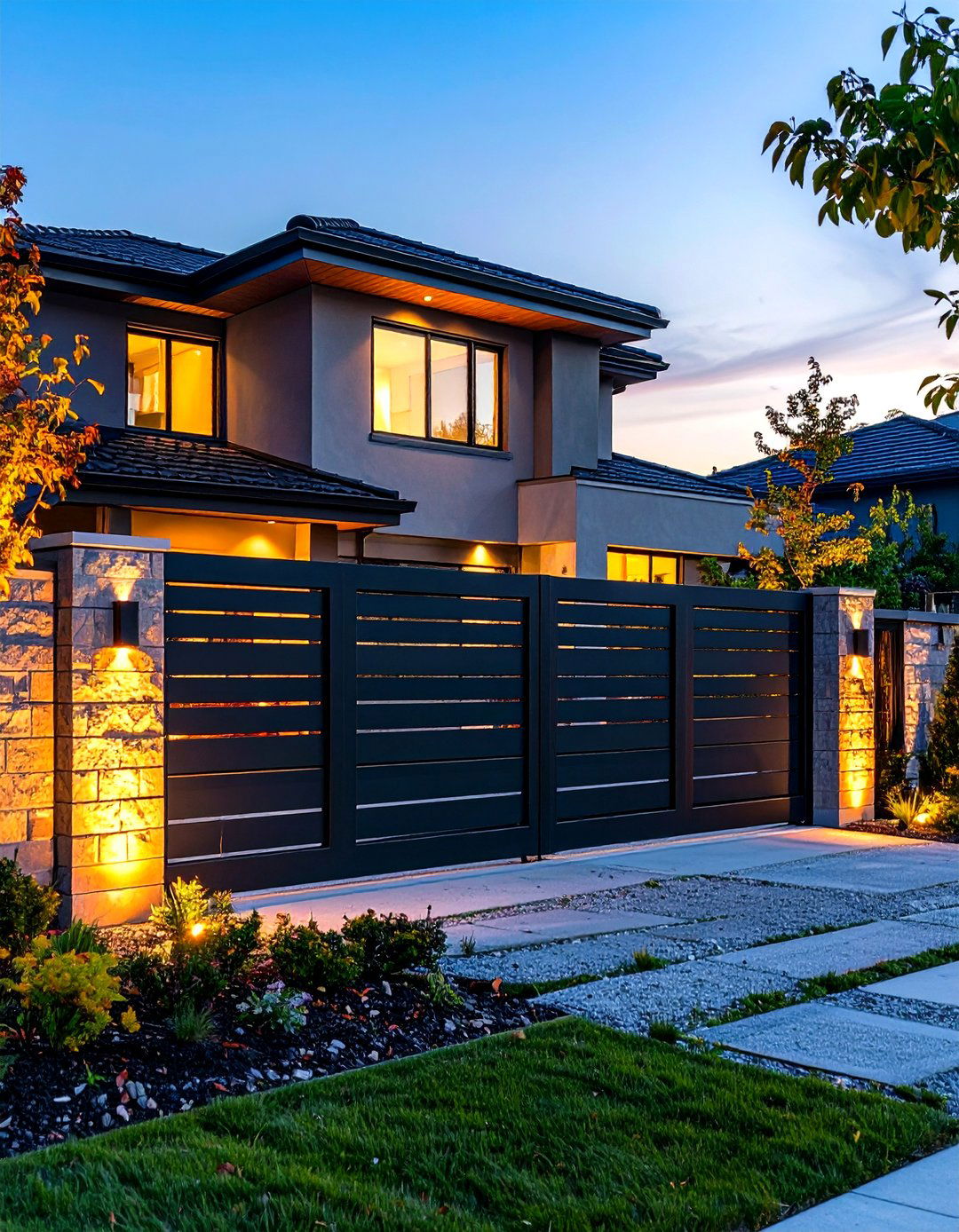 Black Horizontal Slat Fence with an Automated Gate - 30 front yard fence ideas with gate