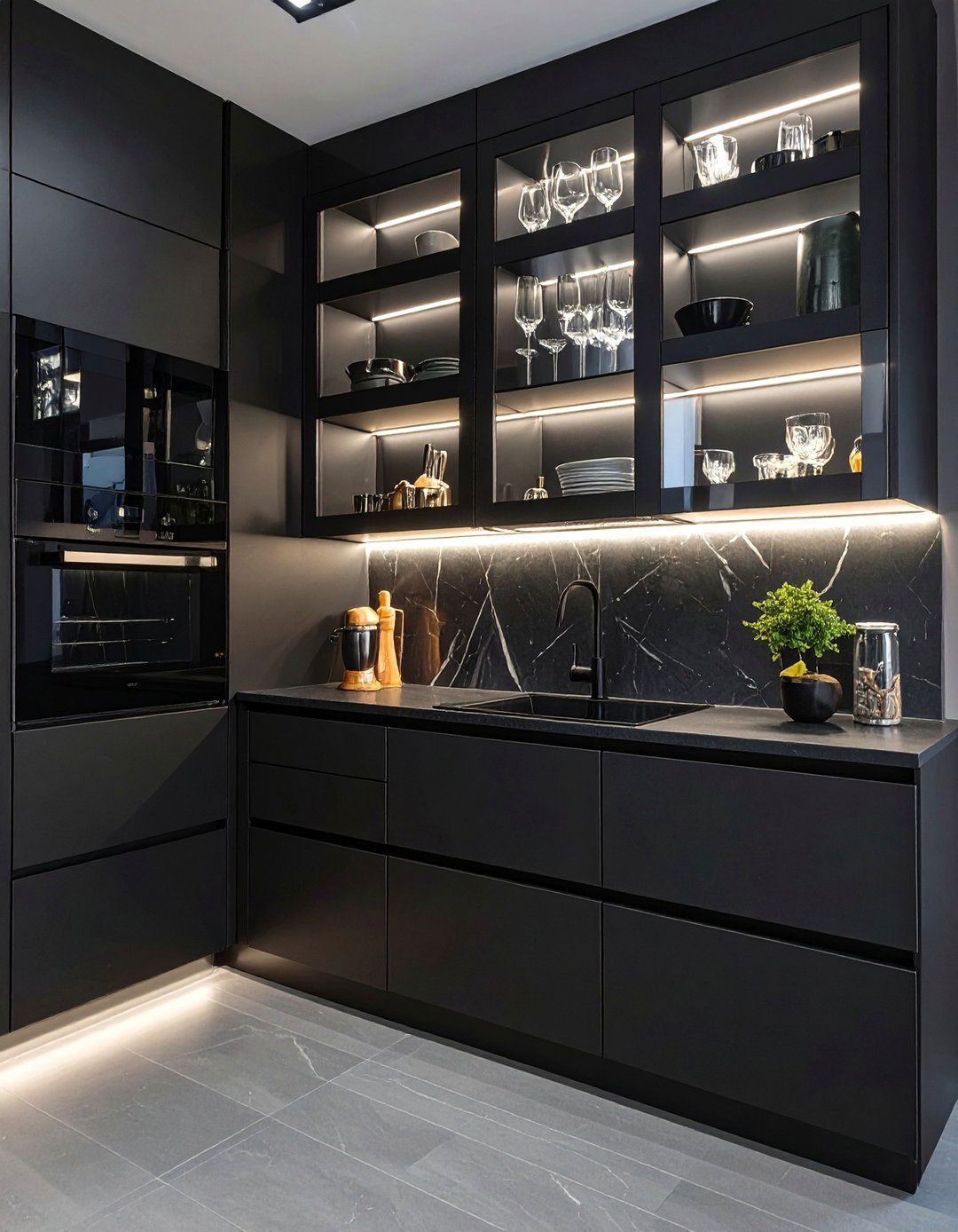 Black Kitchen with Glass Front Cabinets - 30 black kitchen ideas