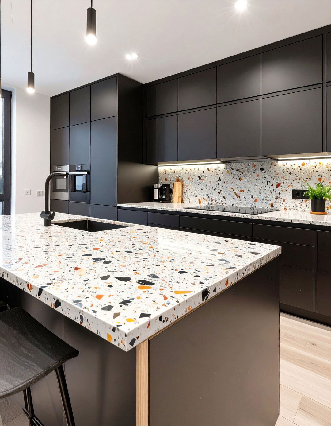 Black Kitchen with Terrazzo Elements - 30 black kitchen ideas