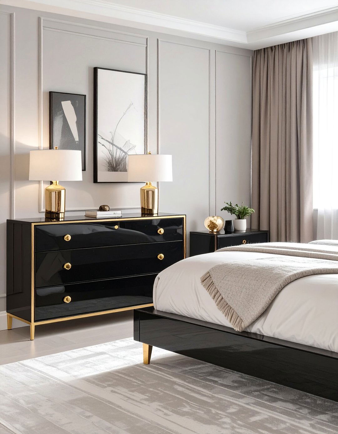 Black Lacquer Furniture with Gold Hardware - 30 black and gold bedroom ideas