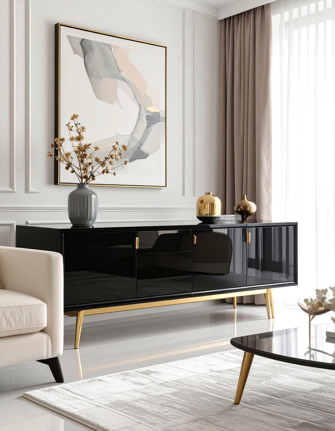 Black Lacquer and Brass Living Room - 30 black and gold living room ideas