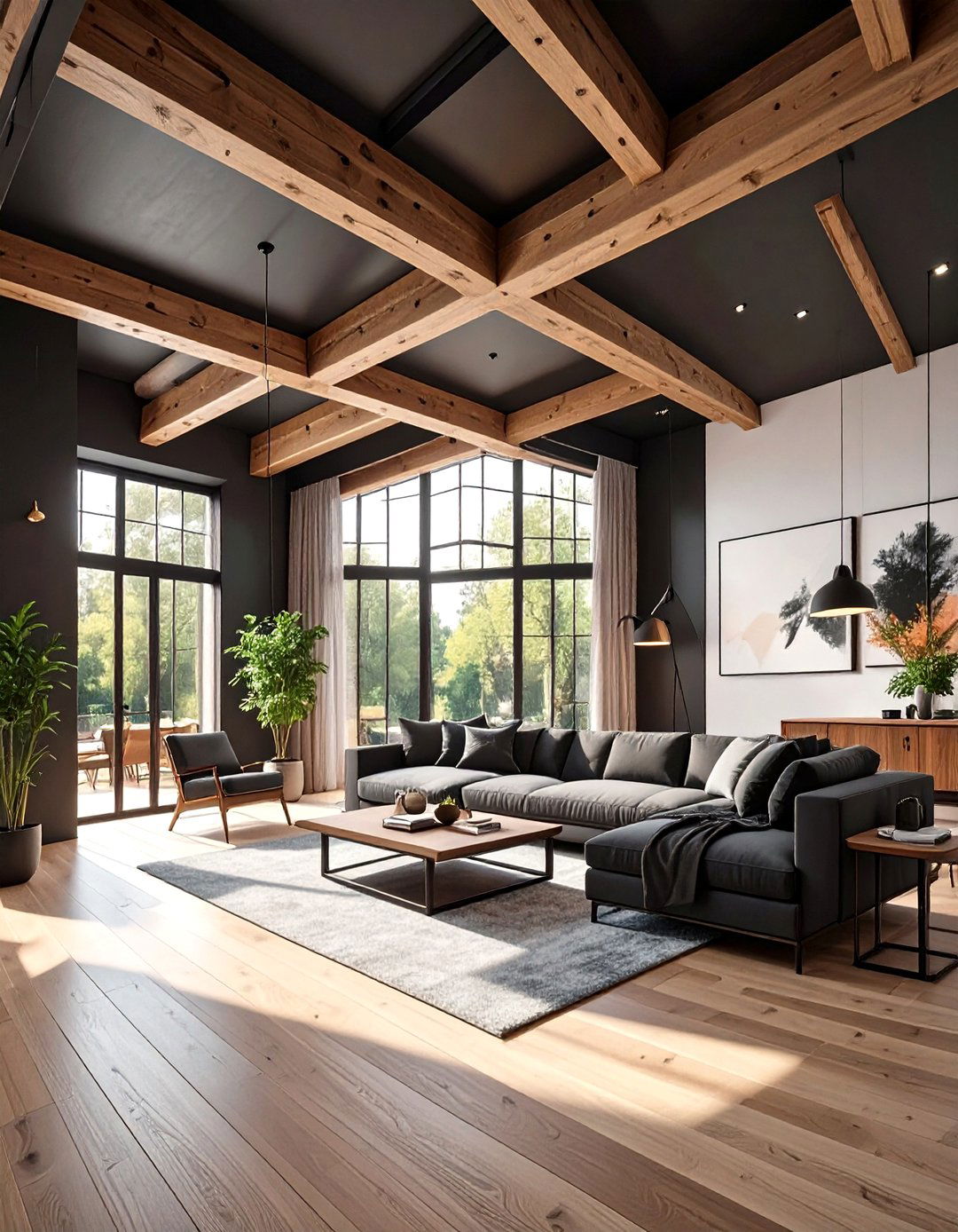 Black Living Room with Exposed Beams - 30 black living room ideas