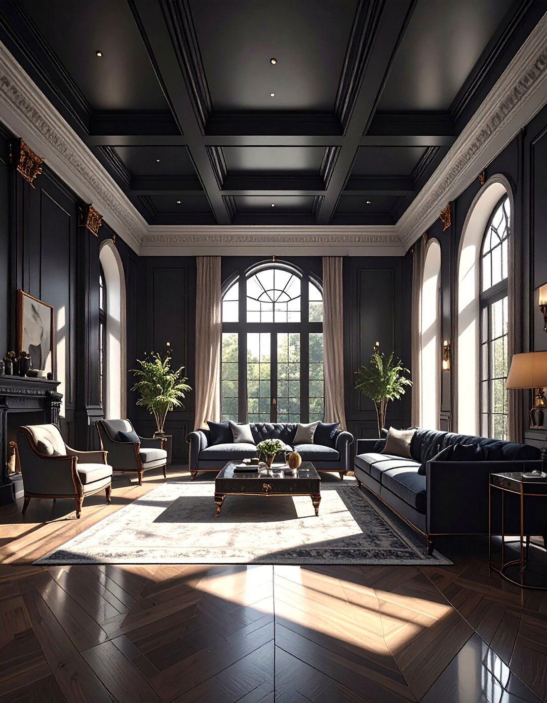 Black Living Room with a Coffered Ceiling - 30 black living room ideas