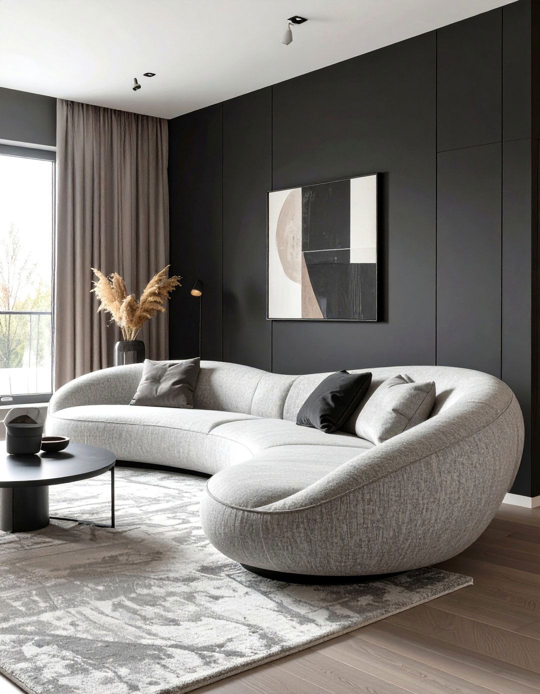 Black Living Room with a Curved Sofa - 30 black living room ideas