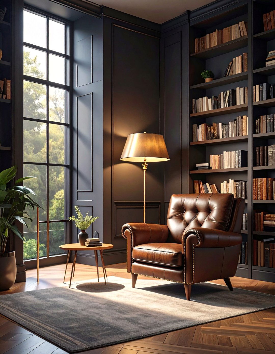 Black Living Room with a Library Wall - 30 black living room ideas