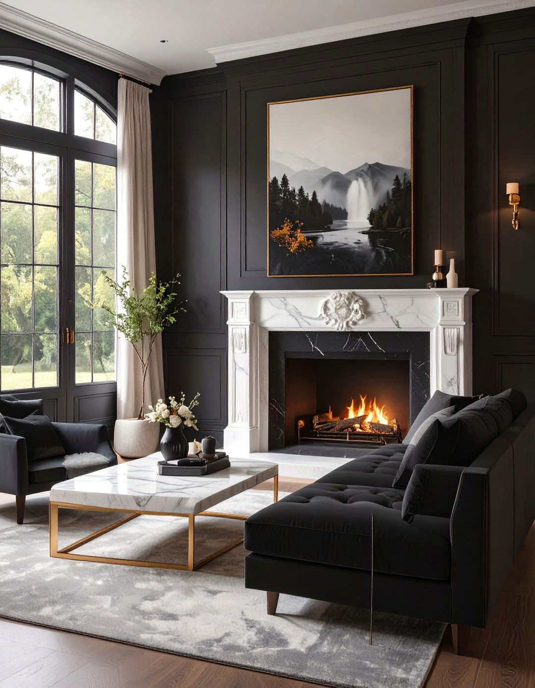 Black Living Room with a Marble Fireplace - 30 black living room ideas