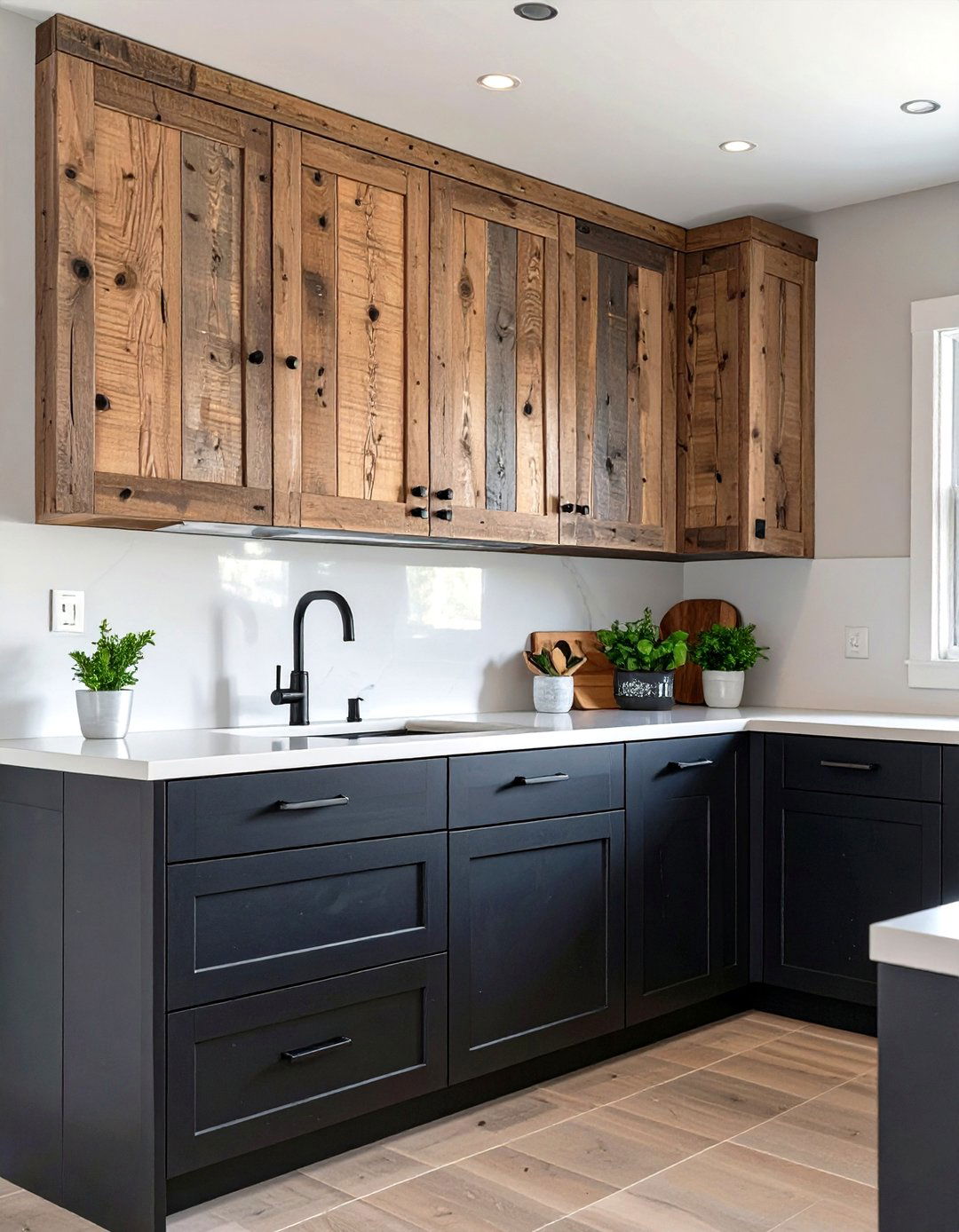 Black Lower Cabinets with Reclaimed Wood Uppers - 30 two tone kitchen cabinet ideas