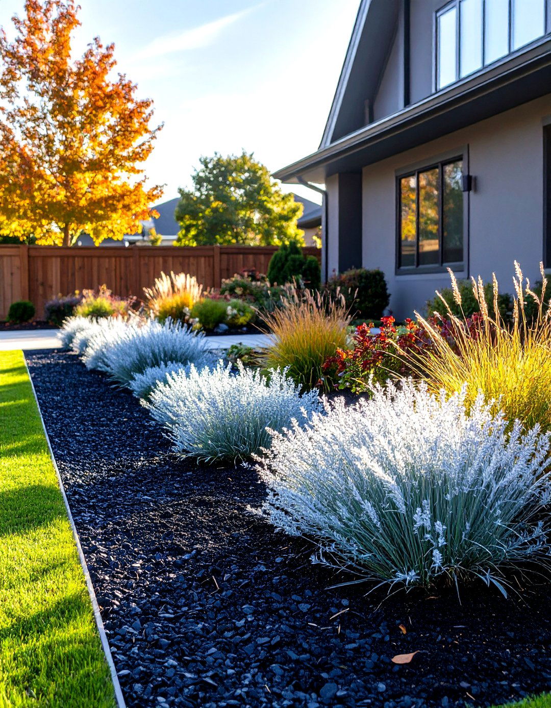 Black Mulch with Silver Foliage - 30 front yard mulch ideas