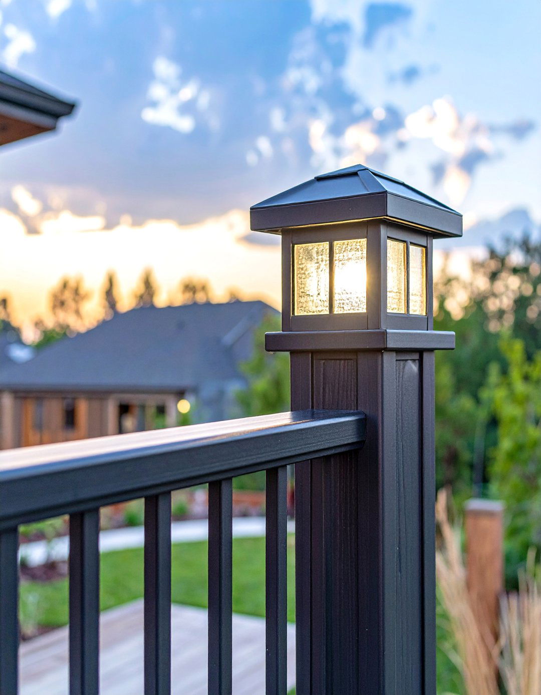 Black Railing with Decorative Post Caps - 30 black deck railing ideas