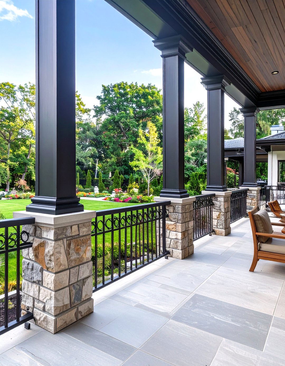 Black Railing with Stone or Brick Pillars - 30 black deck railing ideas
