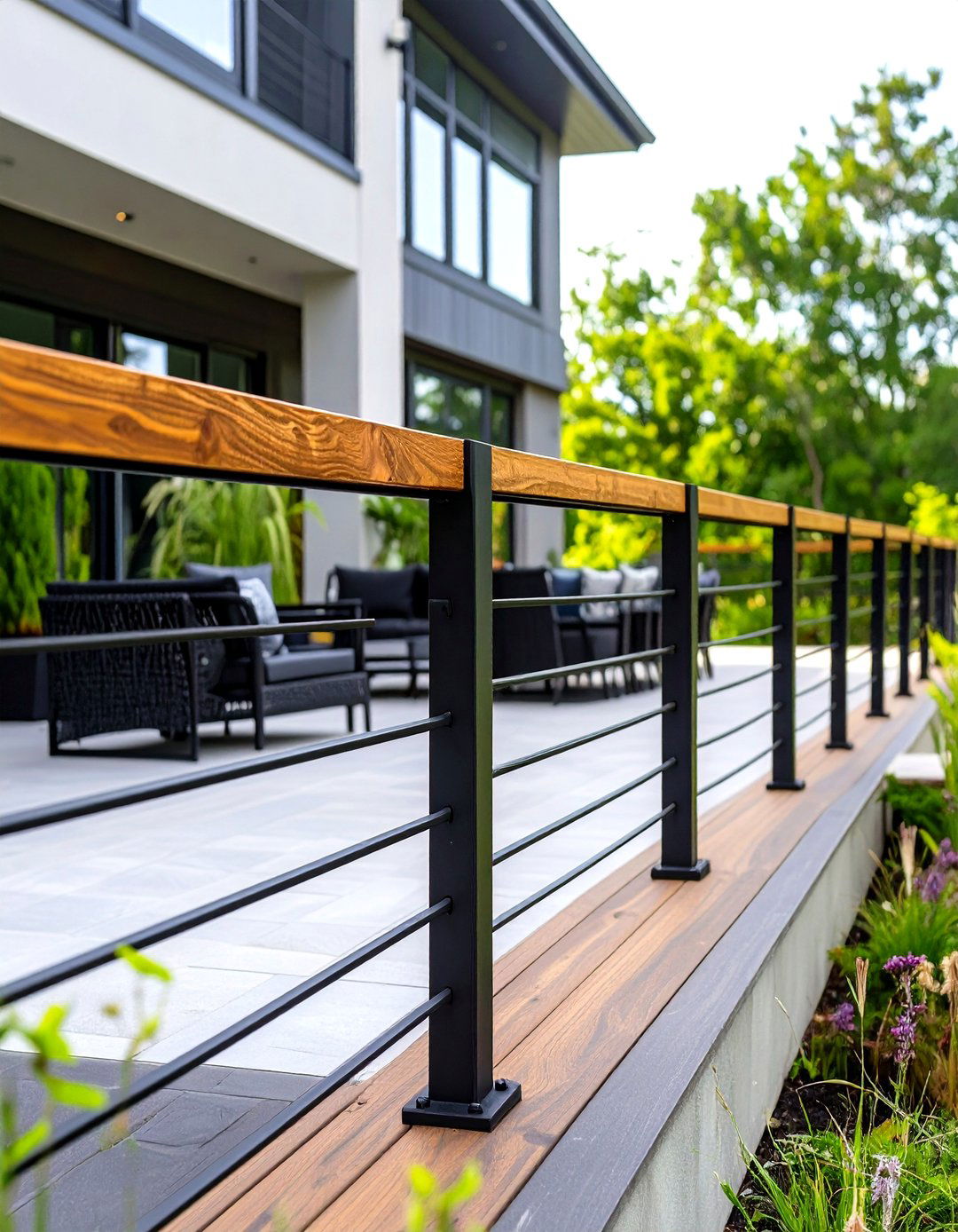 Black Railing with Wood Top Cap - 30 horizontal deck railing ideas