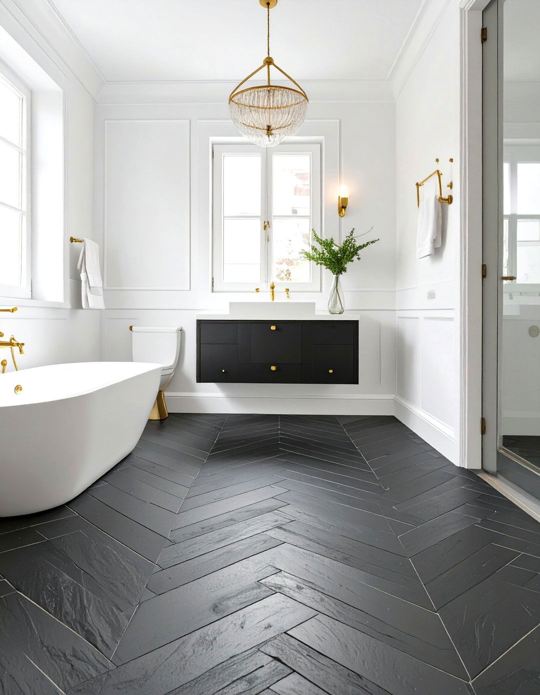 Black Slate Herringbone Floor - 30 tile ideas for bathroom