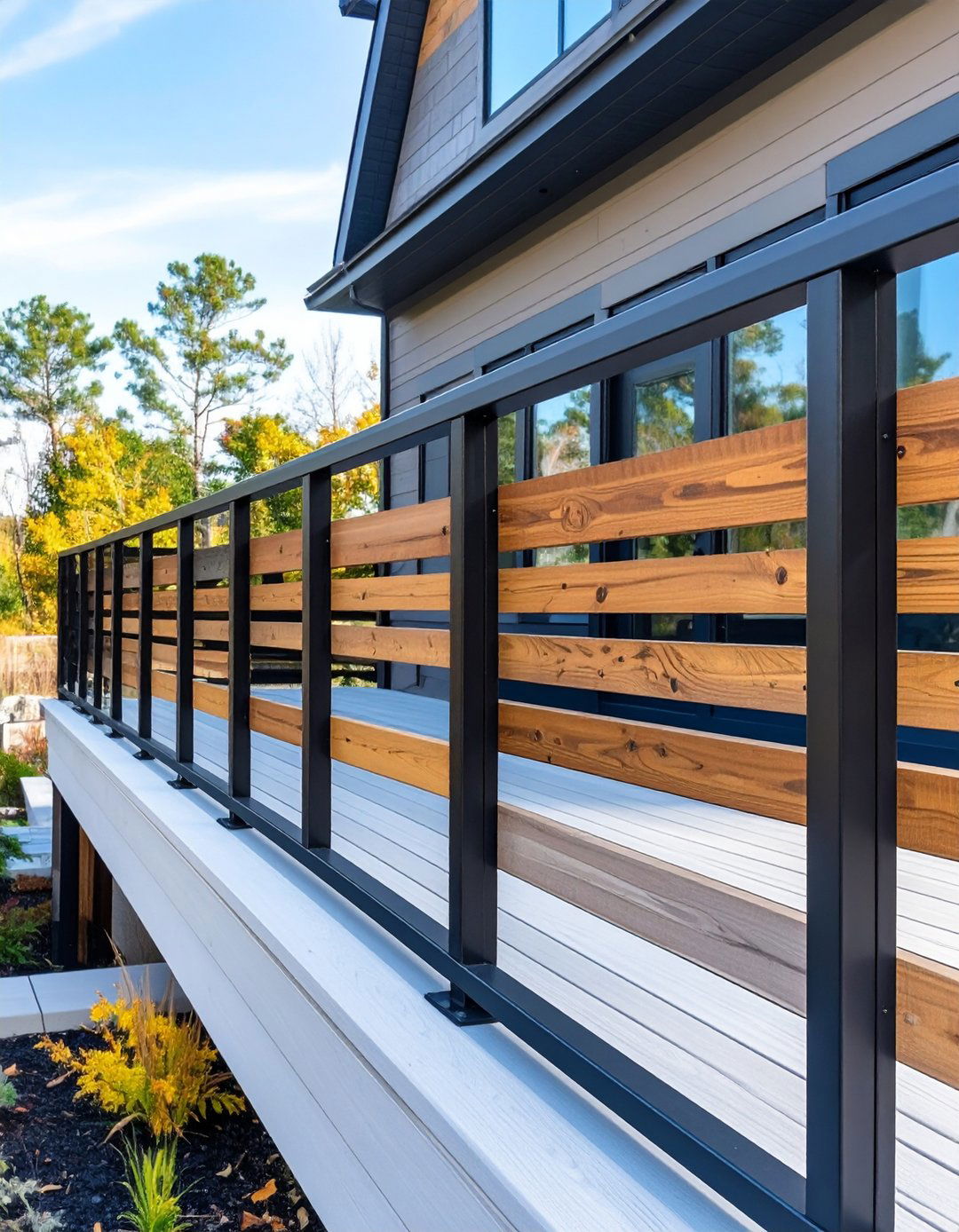 Black Steel Frame with Wood Infill - 30 modern deck railing ideas