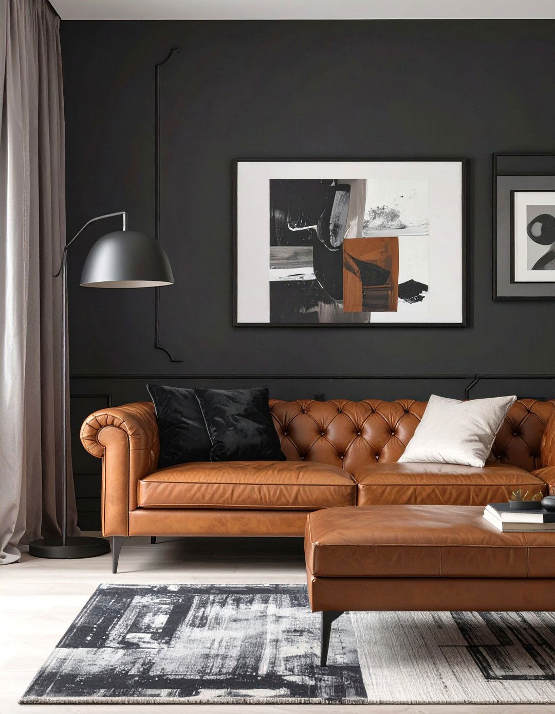 Black Walls and Cognac Leather Living Room - 30 moody living room ideas