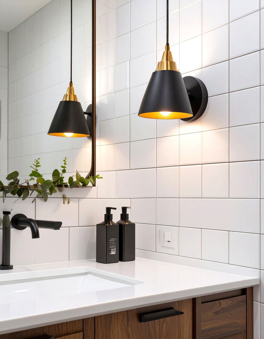 Black and Brass Contrast Lighting - 30 bathroom lighting ideas