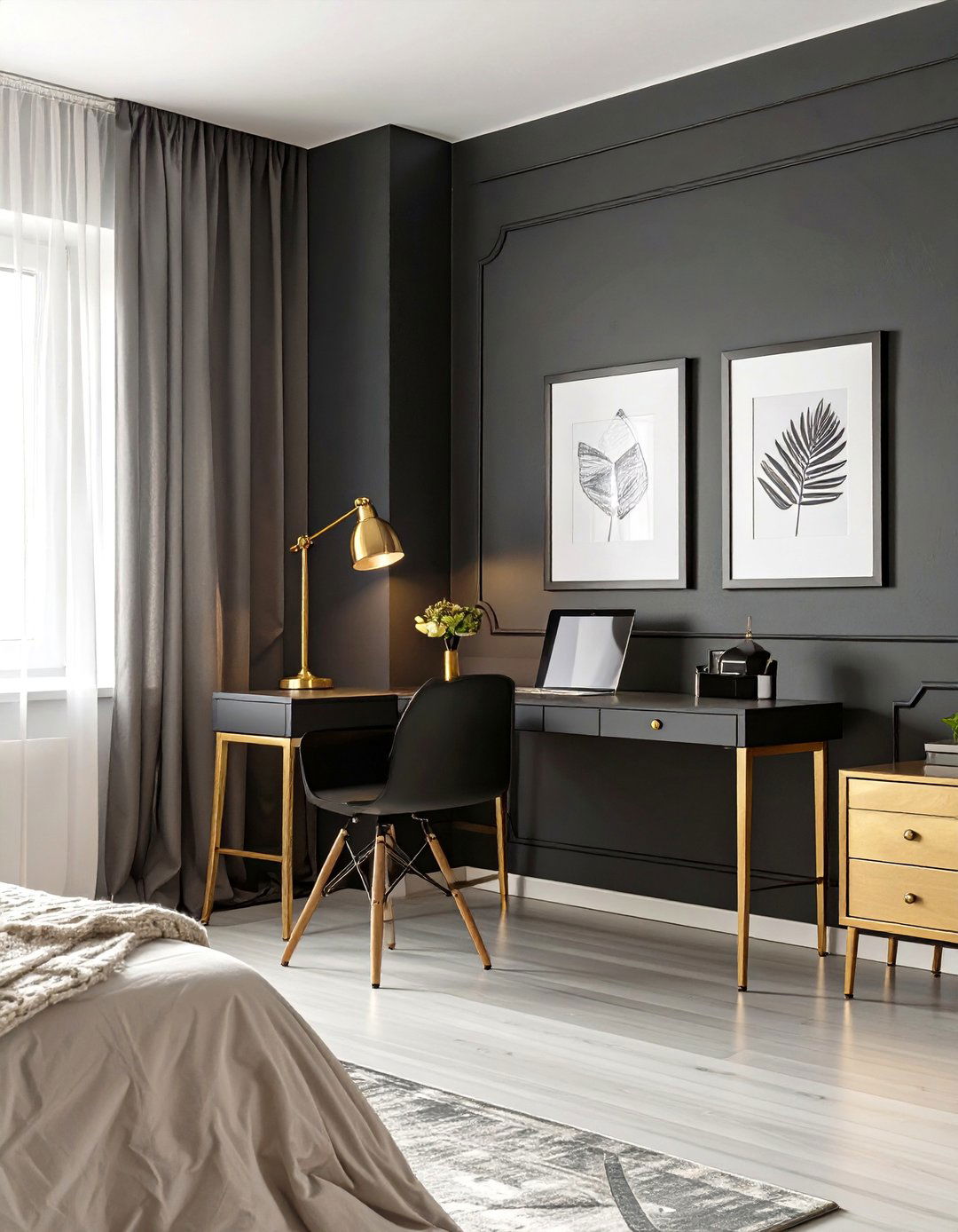 Black and Gold Bedroom with a Home Office Nook - 30 black and gold bedroom ideas