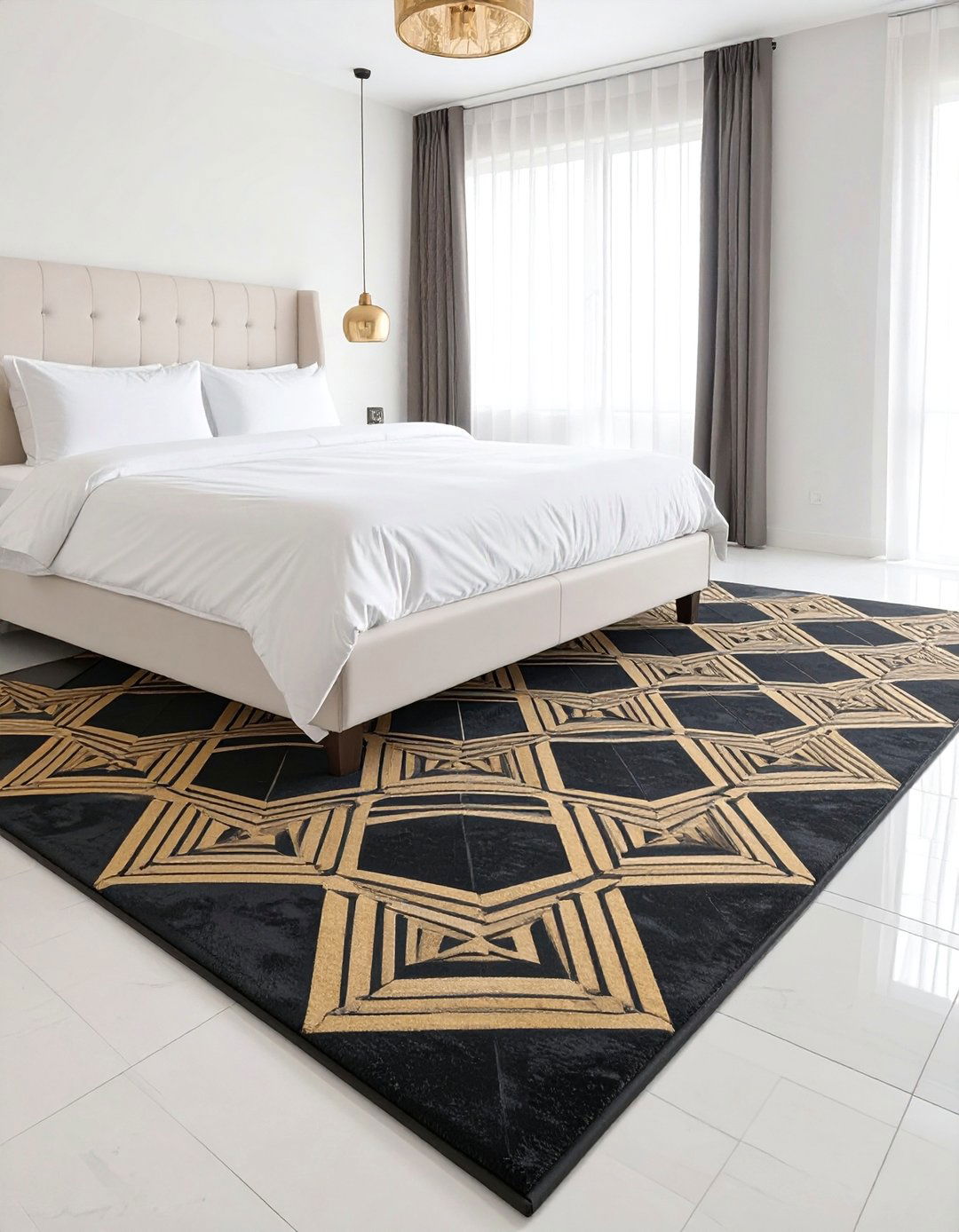 Black and Gold Geometric Rug - 30 black and gold bedroom ideas