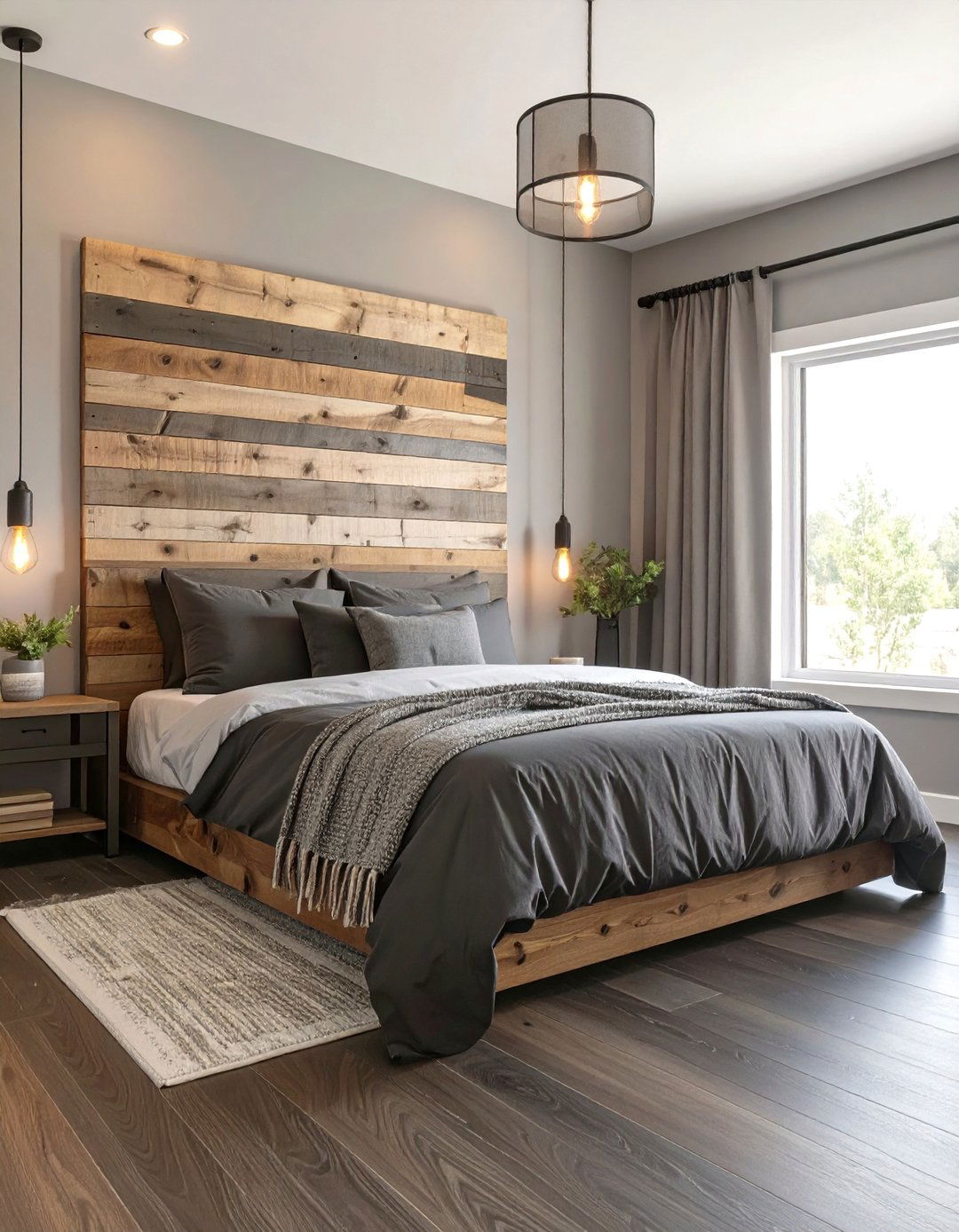 Black and Grey Bedroom with Natural Wood - 30 black and grey bedroom ideas