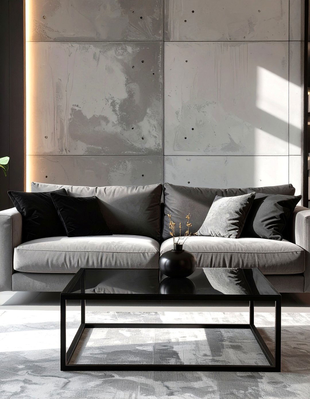 Black and Grey Living Room with Concrete Elements - 30 modern black and grey living room ideas