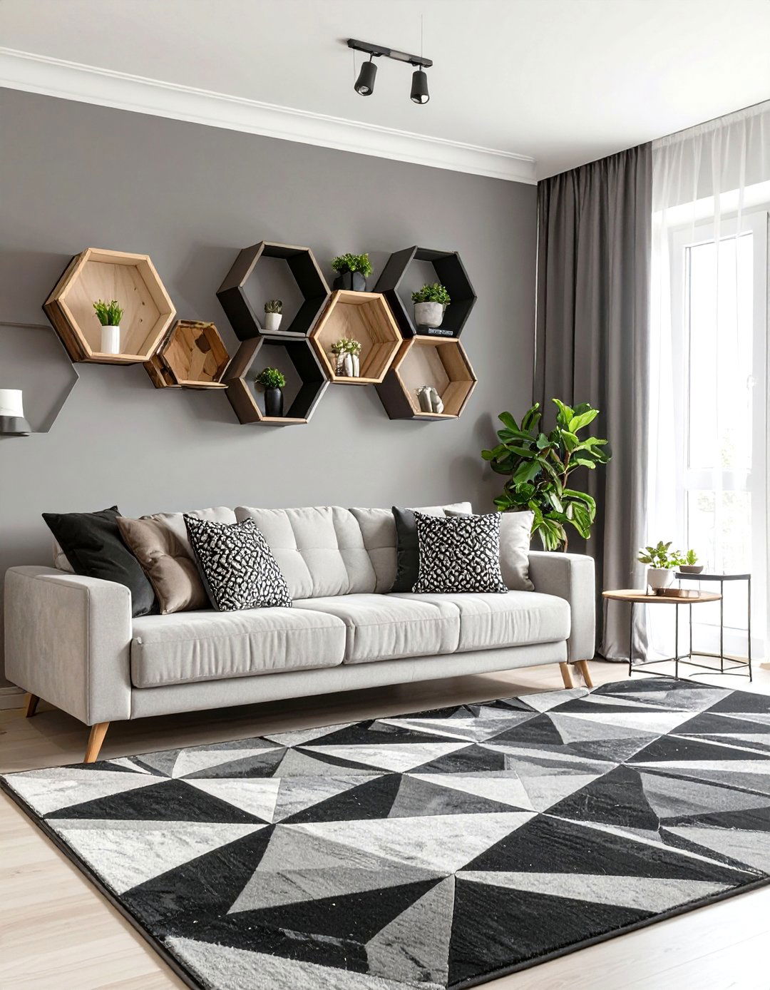 Black and Grey Living Room with Geometric Shapes - 30 modern black and grey living room ideas
