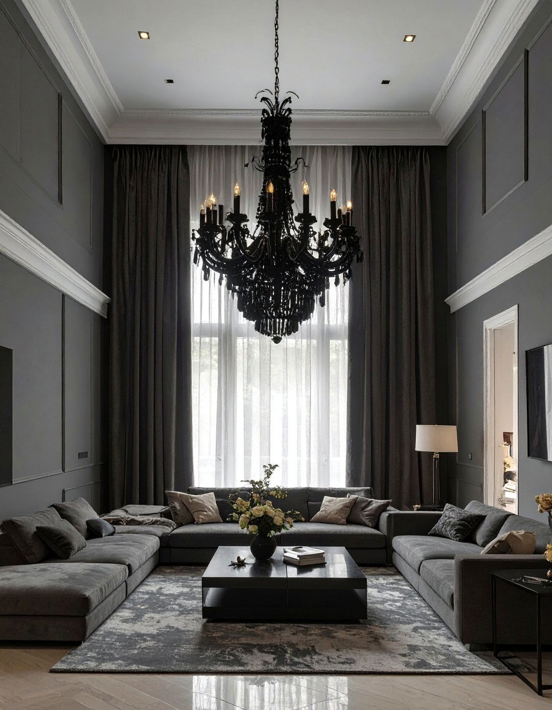Black and Grey Living Room with High Ceilings - 30 black and grey living room ideas