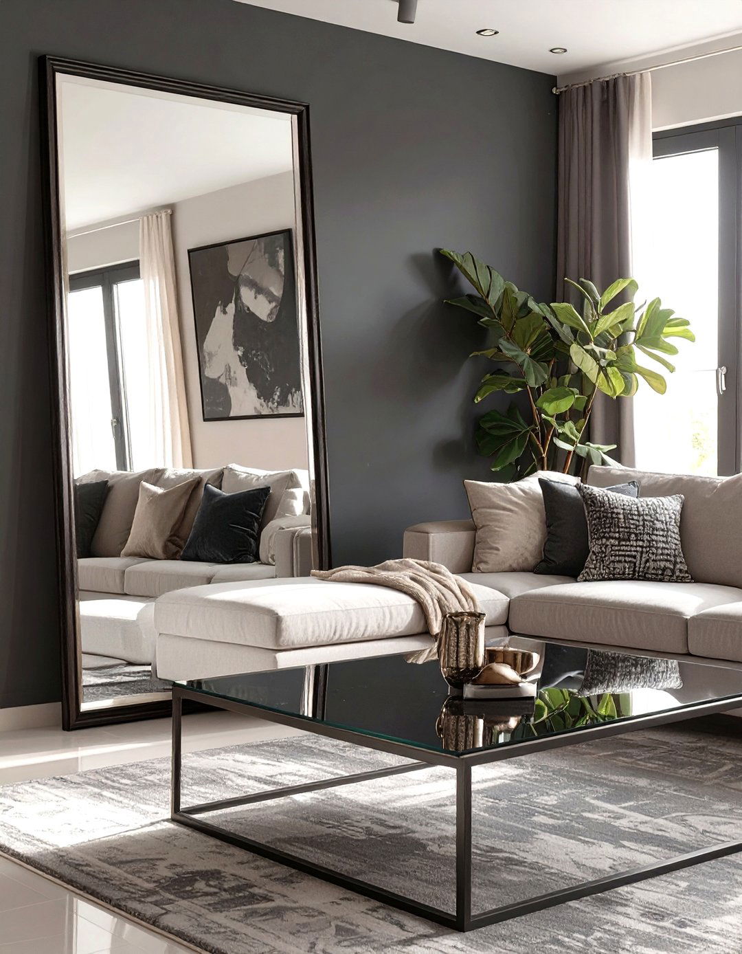 Black and Grey Living Room with Mirrored Surfaces - 30 modern black and grey living room ideas