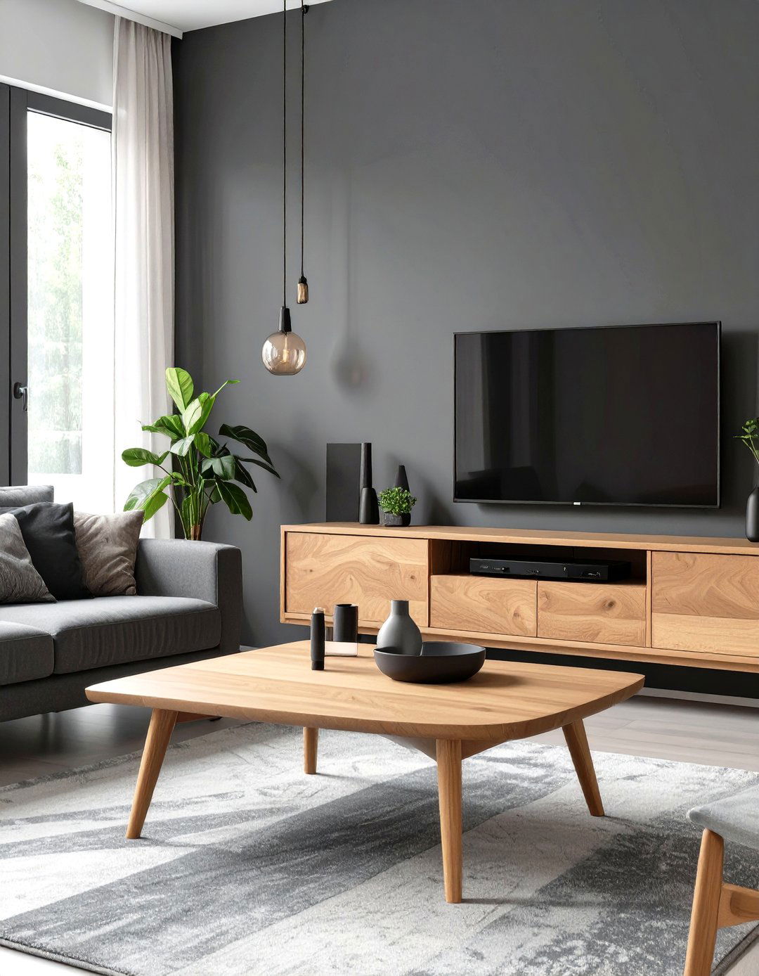 Black and Grey Living Room with Natural Wood - 30 modern black and grey living room ideas