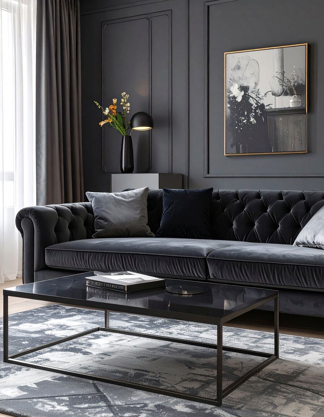 Black and Grey Living Room with Velvet Furniture - 30 modern black and grey living room ideas