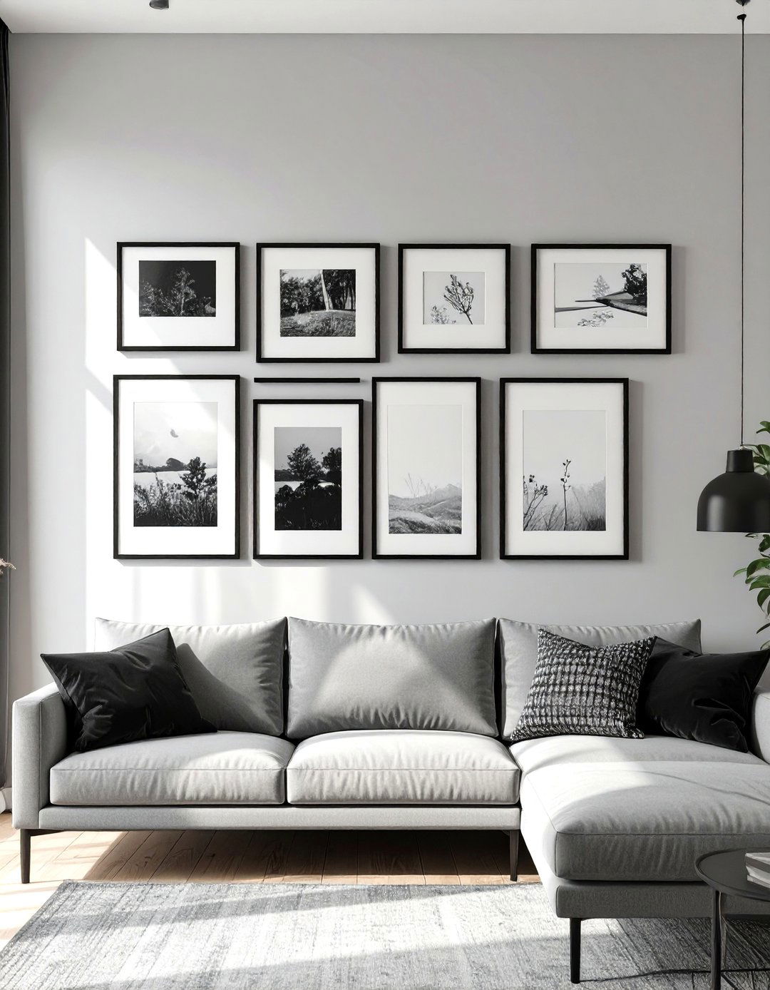 Black and Grey Living Room with a Gallery Wall - 30 modern black and grey living room ideas