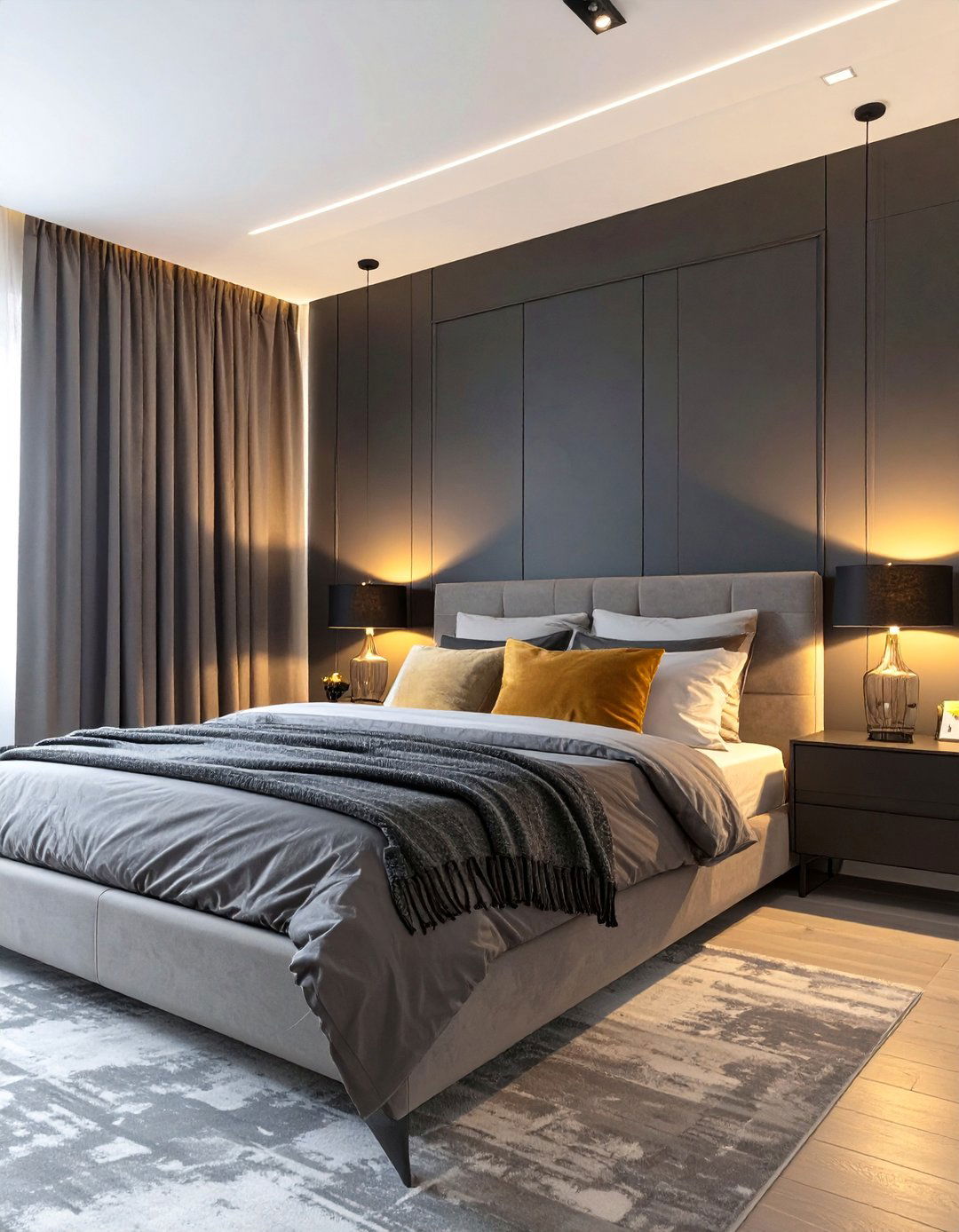 Black and Grey with Warm Lighting - 30 black and grey bedroom ideas