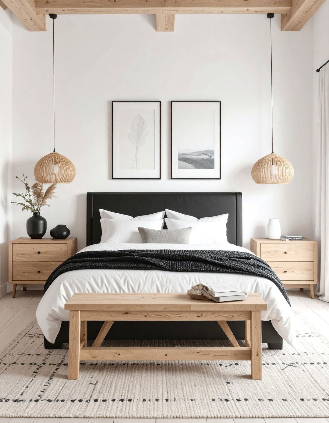 Black and White Bedroom with Natural Wood Accents - 30 black and white interior design ideas