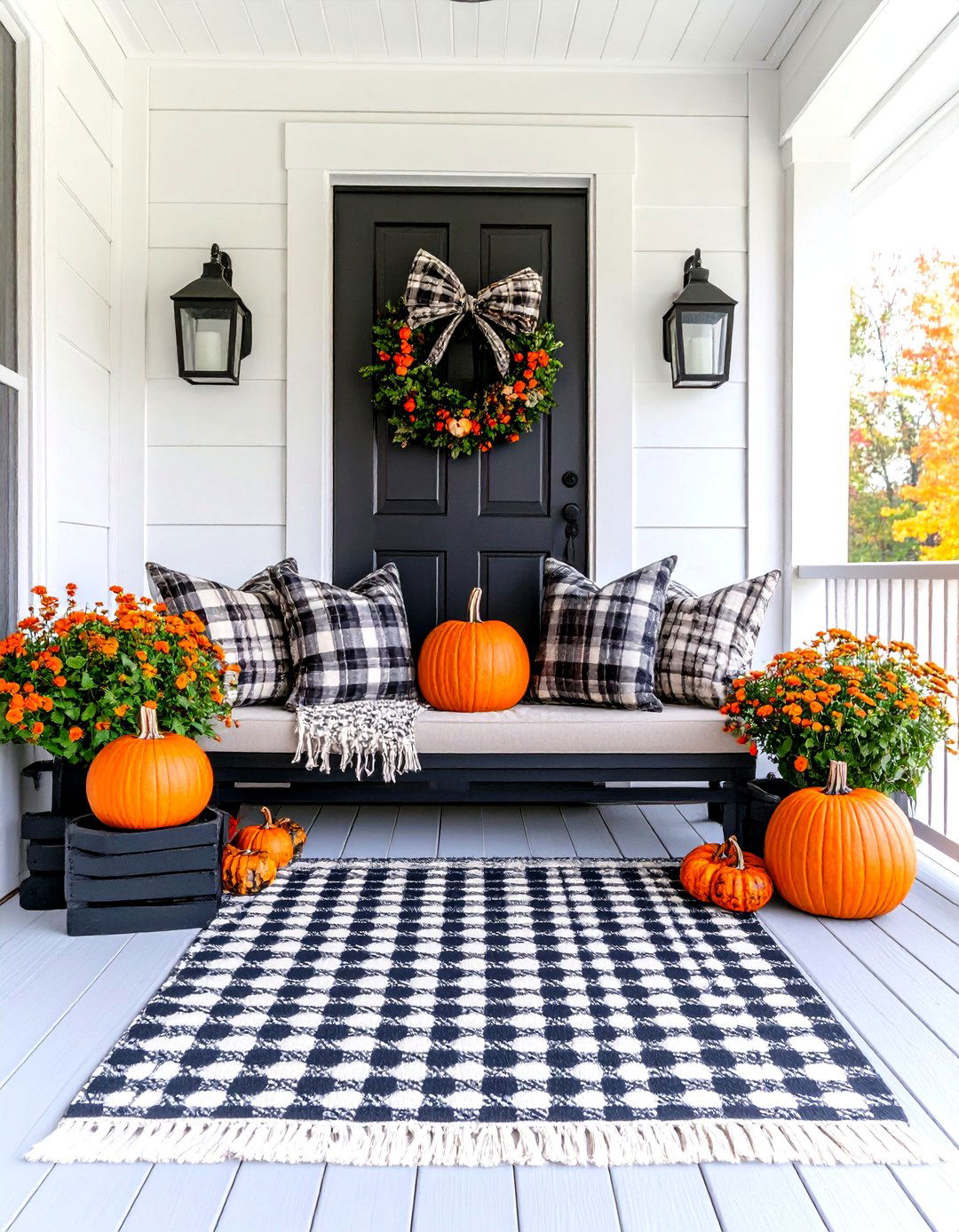 Black and White Buffalo Check Porch - 30 fall porch decorating ideas
