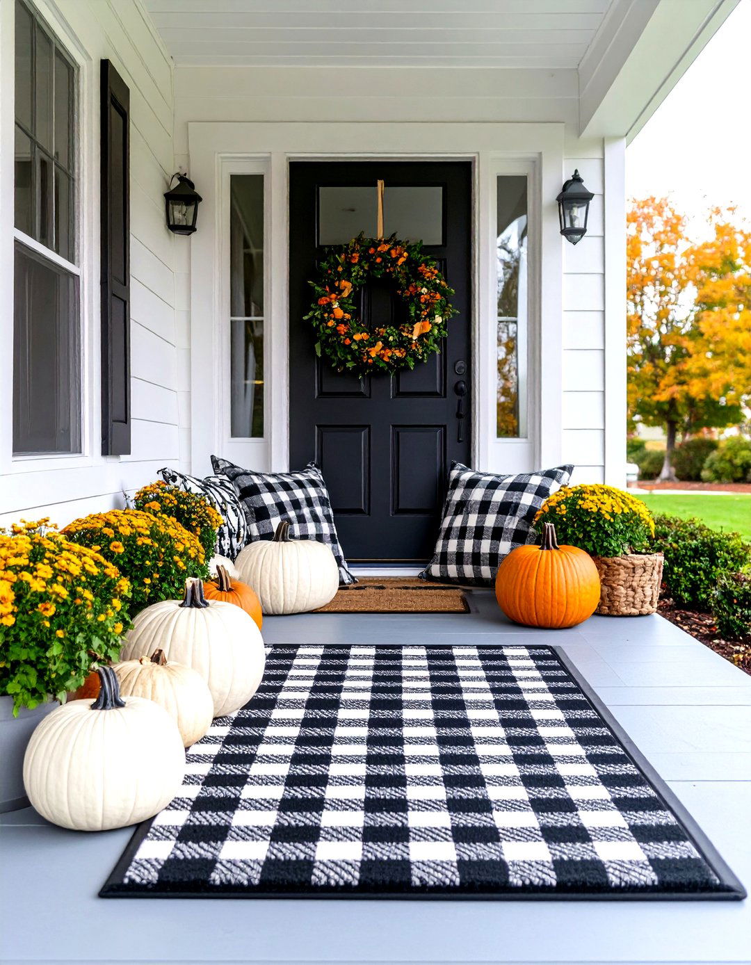 Black and White Buffalo Check Porch - 30 fall porch ideas