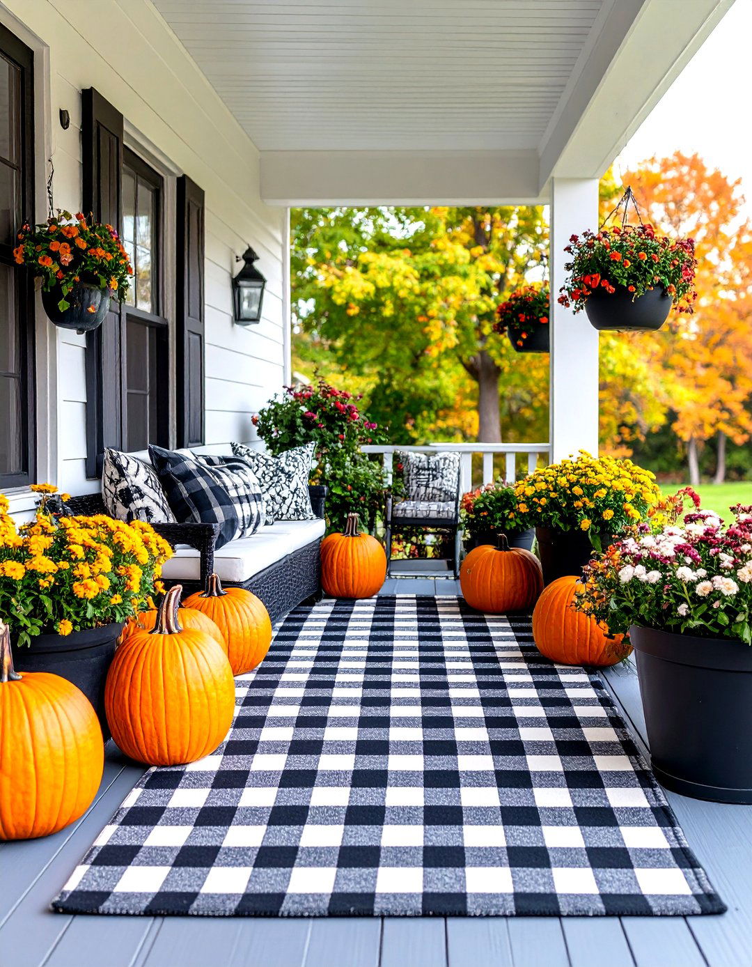 Black and White Buffalo Check Porch - 30 fall porch decor ideas