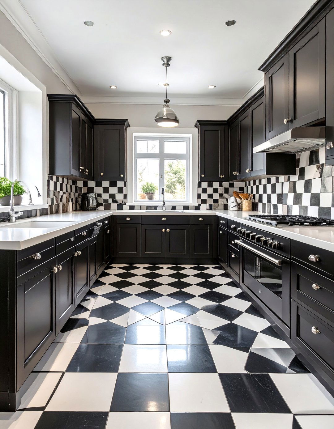 Black and White Checkered Floor Kitchen - 30 black kitchen ideas
