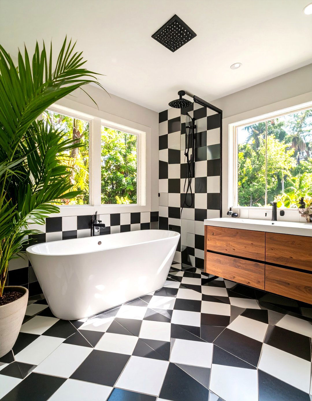 Black and White Checkered Tile Shower - 30 large tile shower ideas