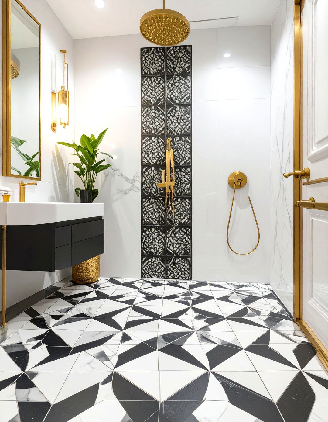 Black and White Geometric Tile Shower Floor - 30 shower floor ideas