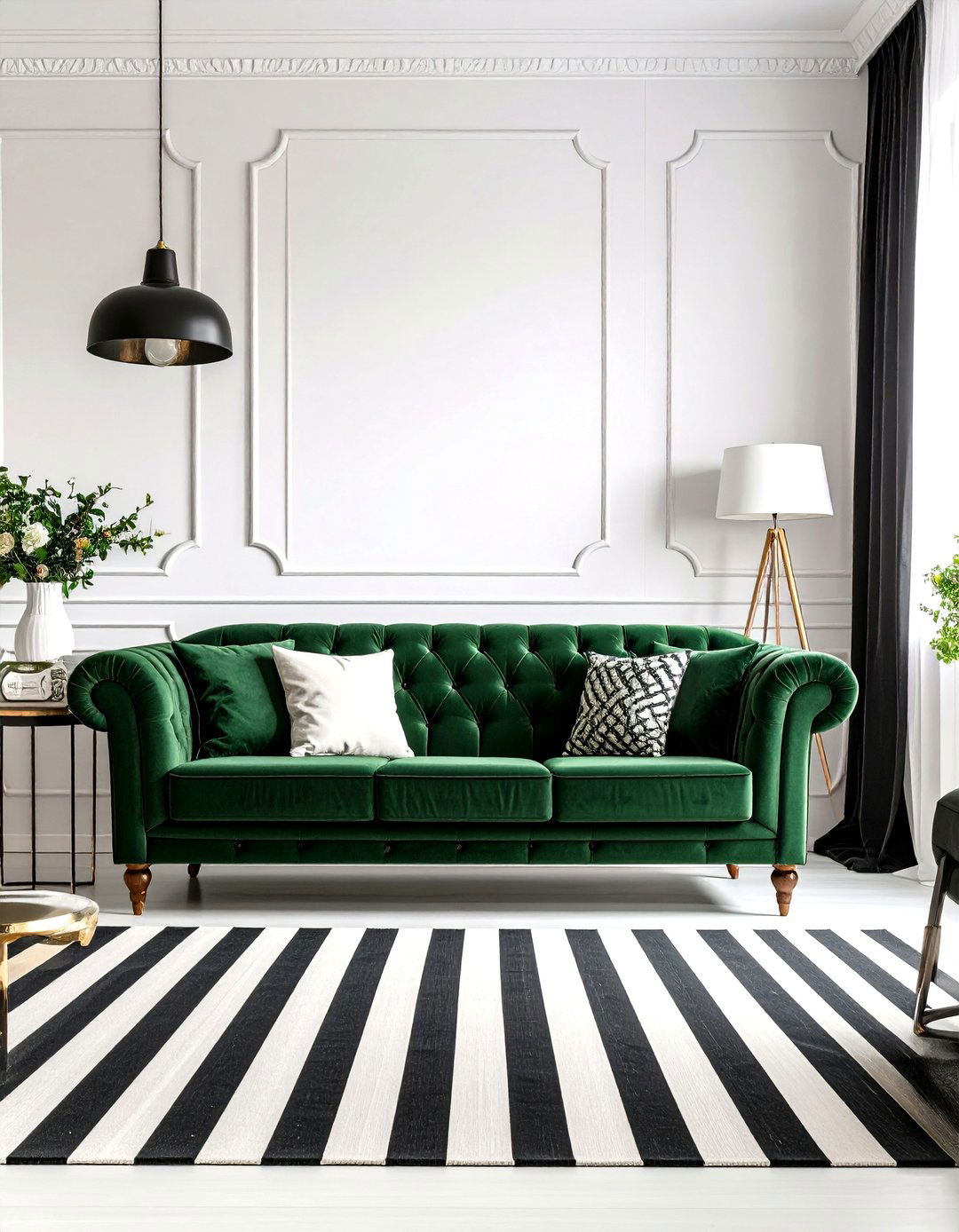 Black and White Graphic Living Room - 30 emerald green sofa living room ideas