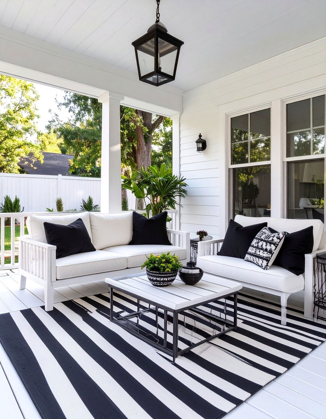 Black and White Graphic Porch - 30 back porch decorating ideas